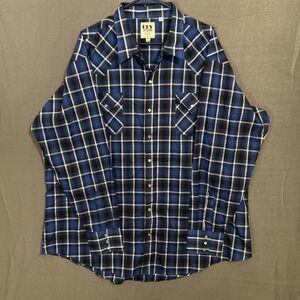 Ely Cattleman Pearl Snap Shirt Men 3XL Tall Blue Black Plaid Western Rodeo